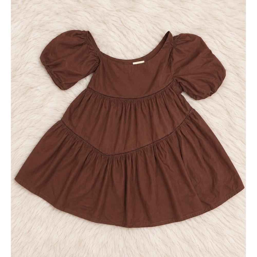 Altar'd State Brown Babydoll Mini Dress Puff Sleeve Boho Tiered S Lace
